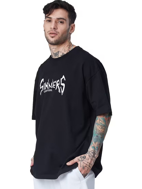 Men round neck printed oversized t-shirt (Size-XL) (Color-BLACK)